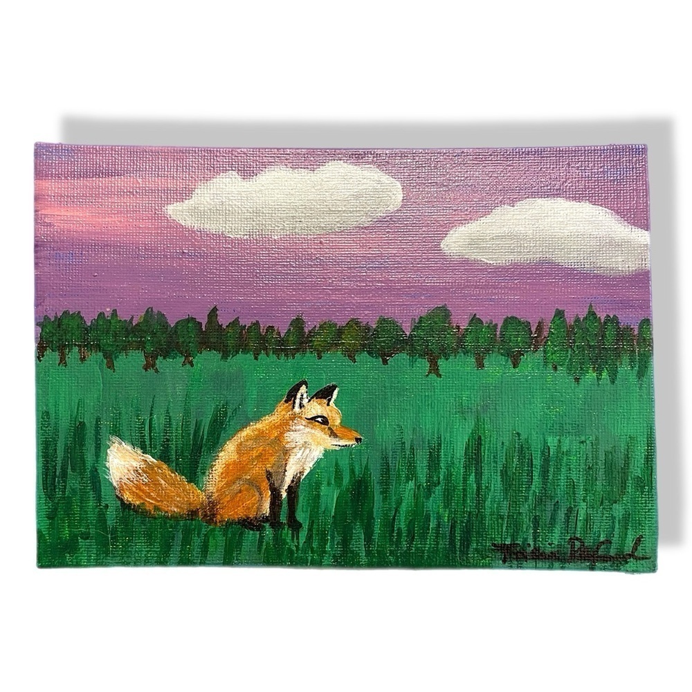 Handmade acrylic painting landscape wild fox purple sky 5X7